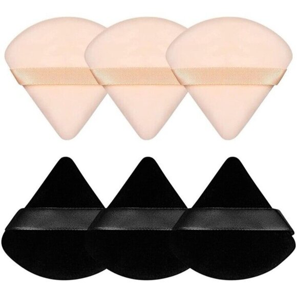6pc Make Up Powder Puffs Triangular Velvet Puff With Ribbon Holder - Brand New - Picture 1 of 6